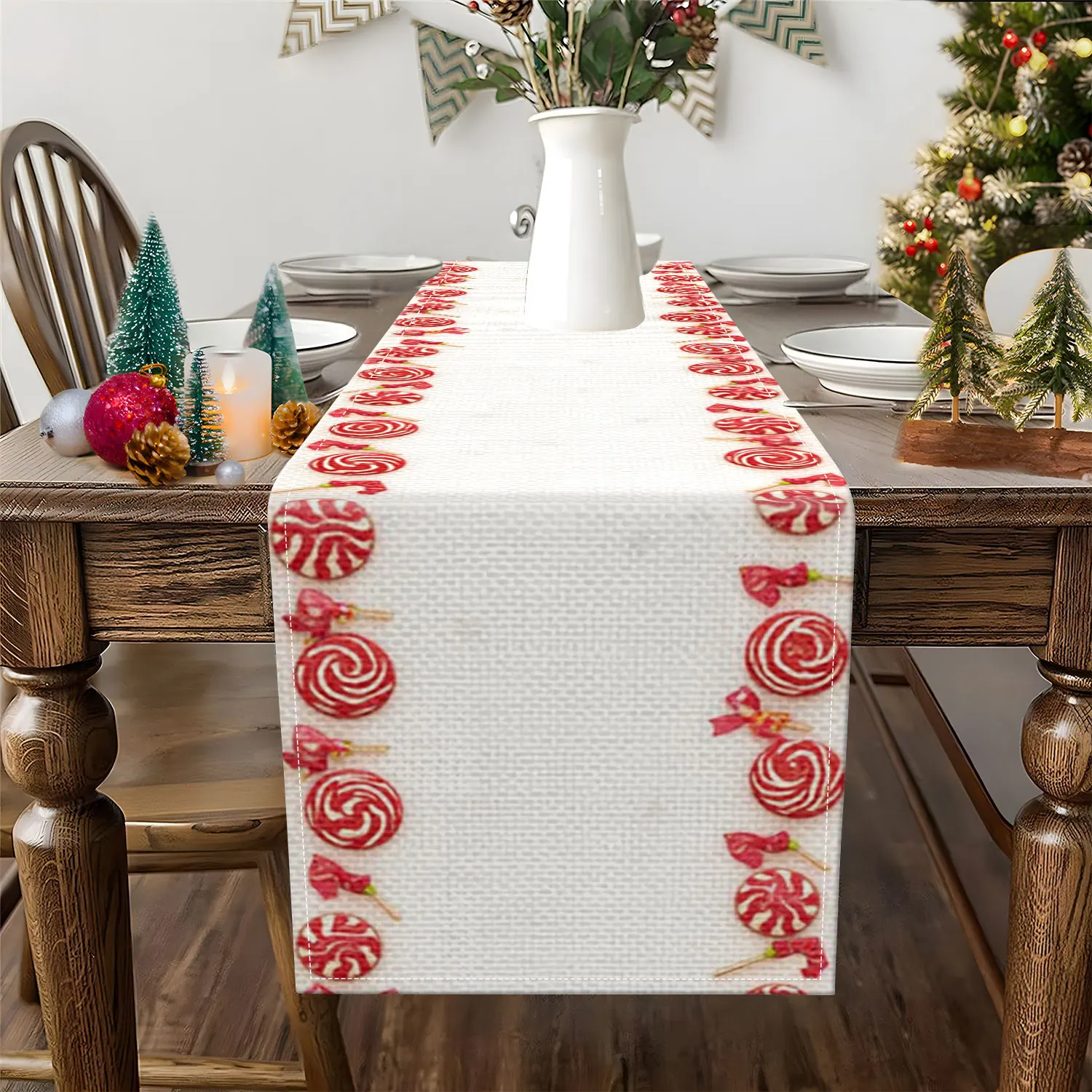 1 Piece of Christmas-Themed Table Runner, Red and White Wave-Patterned Candy Design, Suitable for Christmas Parties, Holiday Dessert Table Decorations, Etc