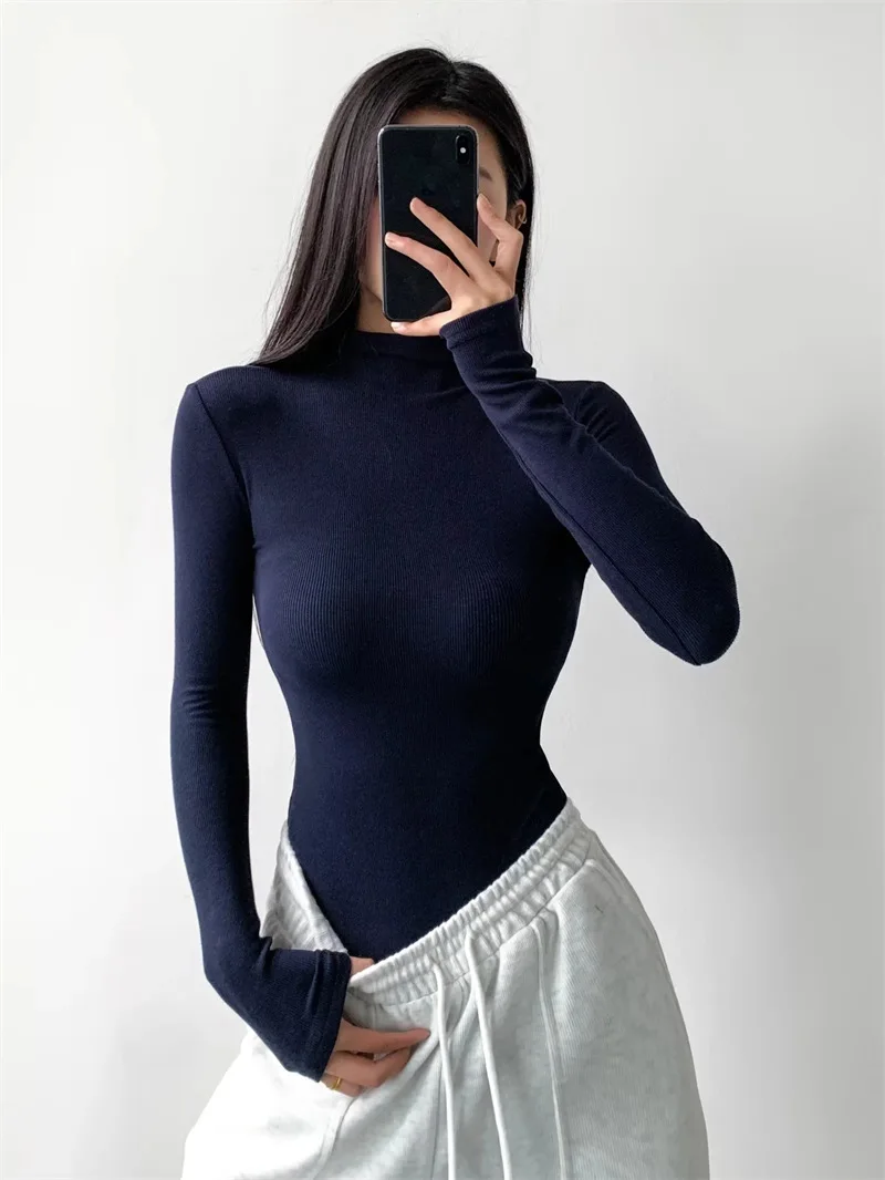 

Women Long Sleeve High NECK Ribbed Bodysuit Jumpsuit