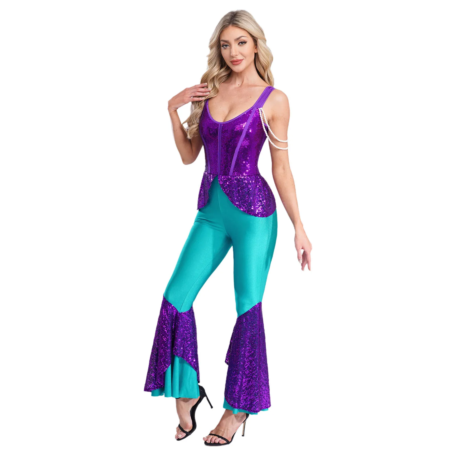 المرأة هالوين حورية البحر بذلة الترتر شبكة أكمام جرس أسفل السراويل السروال القصير ارتداءها المحيط حفلة حورية البحر الأميرة ازياء