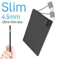 TNTOR Portable Power Bank Ultra-thin 4mm 2500mAh Spare Battery Fast Charging Built-in Cable for iPhone Xiaomi 14 15 13 Huawei