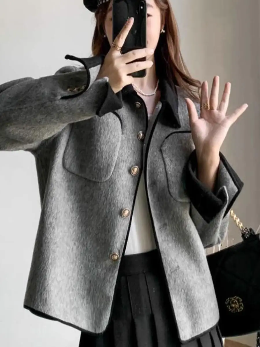 

Faionable Collar Outerwear Women's Autumn Winter Korean Sle Color Blo Soft Comfortable Woolen Coat Chic Lazy Sle