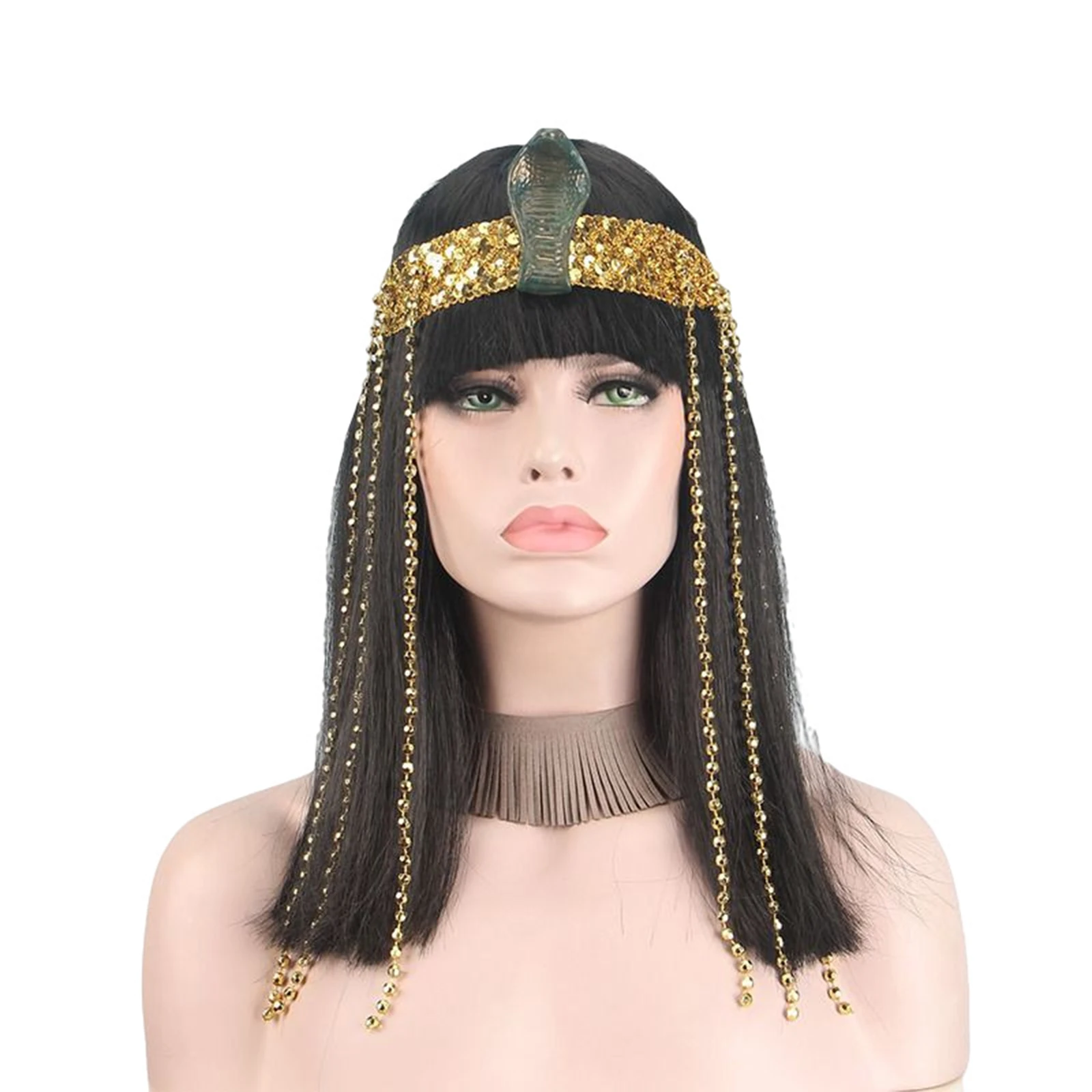 Cleopatra Egyptian Queen Wigs Fringe Beads Snake Headband Blunt Bangs Straight Hair Wig Neck Collar Halloween Cosplay Accessory