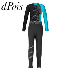 Kids Girls Figure Skating Jumpsuit Long Sleeve Dancewear Rhinestones Ballet Gymnastics Leotard with Leggings Performance Outfit
