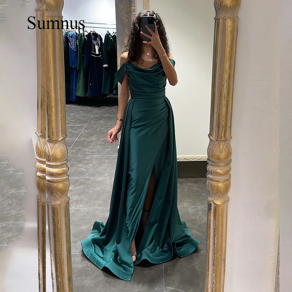 

SUMNUS Dubai Arabic Mermaid Off Shoulder Evening Dresses Sexy Pleats Satin Side Slit Wedding Party Dress Women Formal Prom Gown