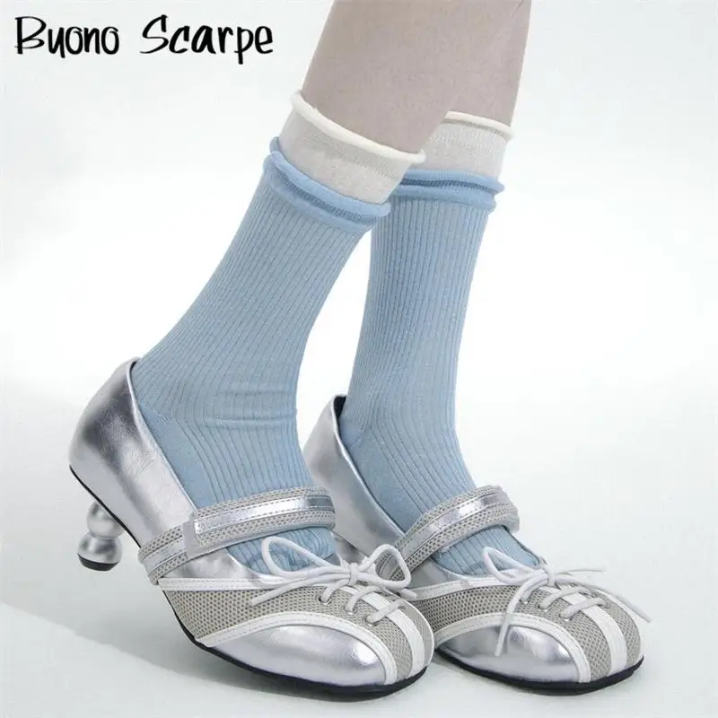 

Luxury Designer Round Toe Patchwork Strange Heels Women Pumps Hook Loop Butterfly Knot Mary Janes Fashion Western Sweet Shoes