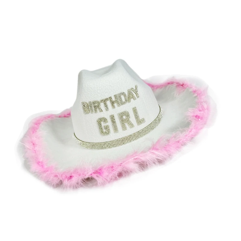 Rhinestones Birthday Girl Hat Feathered Trim Western Hat For Birthday Parties Dropship