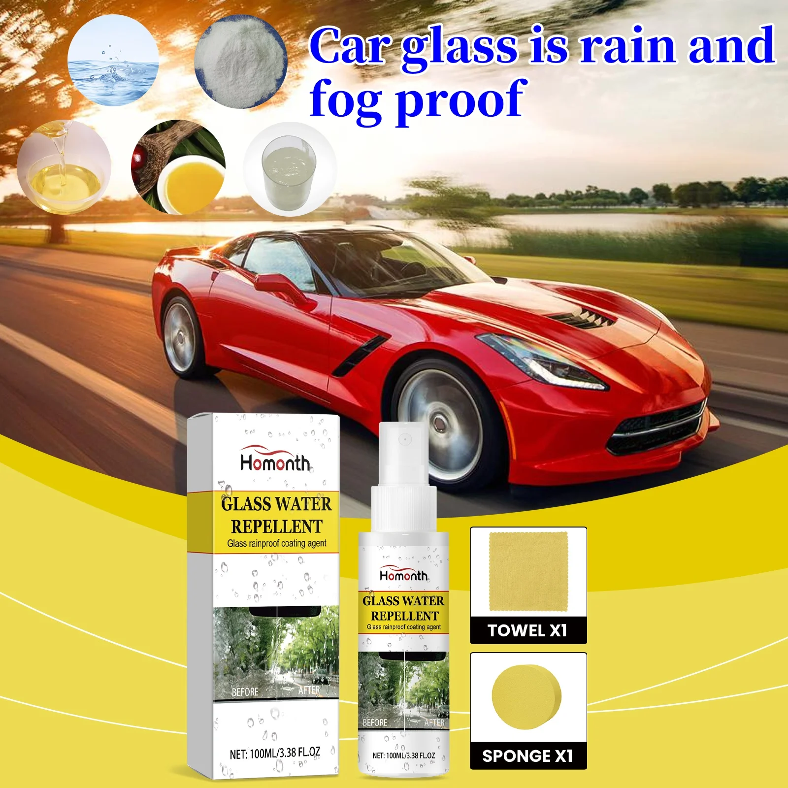 Homonth Automotive Glass Rain-Repellent and Anti-Fog Cleaning Coating Agent, Windshield Cleaner and Rain Fog Preventive Spray fo