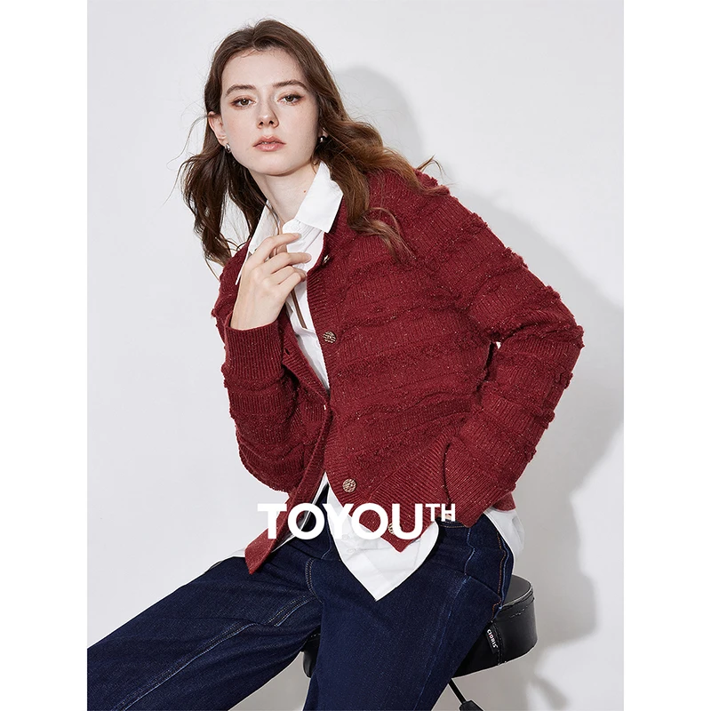 TOYOUTH Women Knitted Sweater 2024 Autumn and Winter New Round Neck Jacquard Embroidered Cardigan Jacket Red