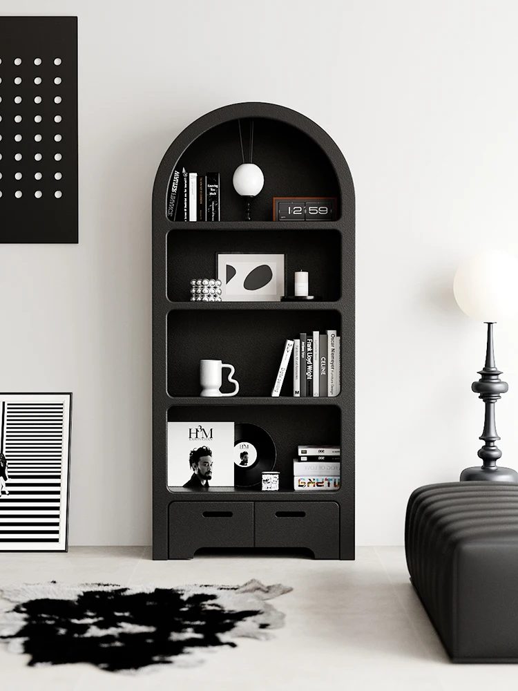 

Cream Style Bookcase Shelf Against Wall Display Cabinet Living Room Arched Cave Cabinet Black Floor to Floo