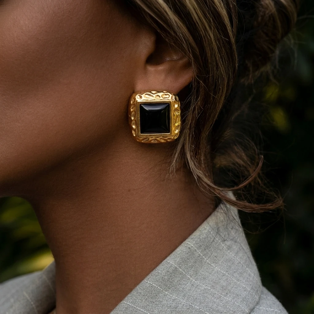 Klobige Vintage Schwarze Edelstahl-Ohrstecker für Frauen Unregelmäßige Geometrische Vergoldete Ohrringe Wasserfester Ohrschmuck – Detail 2