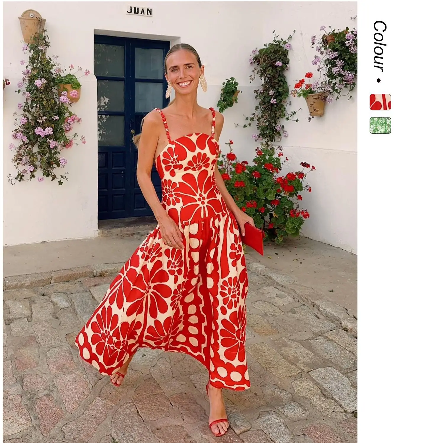 

Summer women's new holiday suspender print dress women's flower dress