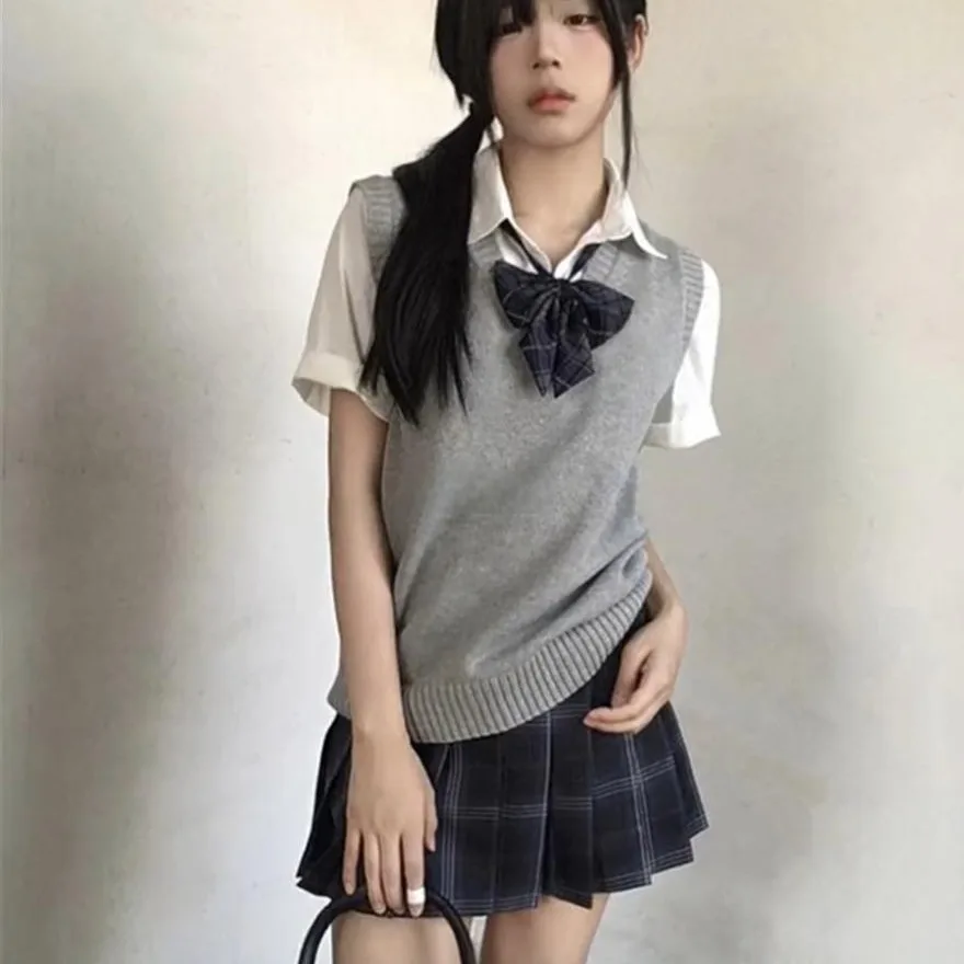 plus Size Women's JK orm Sweater Vest V-Ne ort Sve Overlap Plaid Skirt Set Summer Faion Two-Piece Polyester Blend