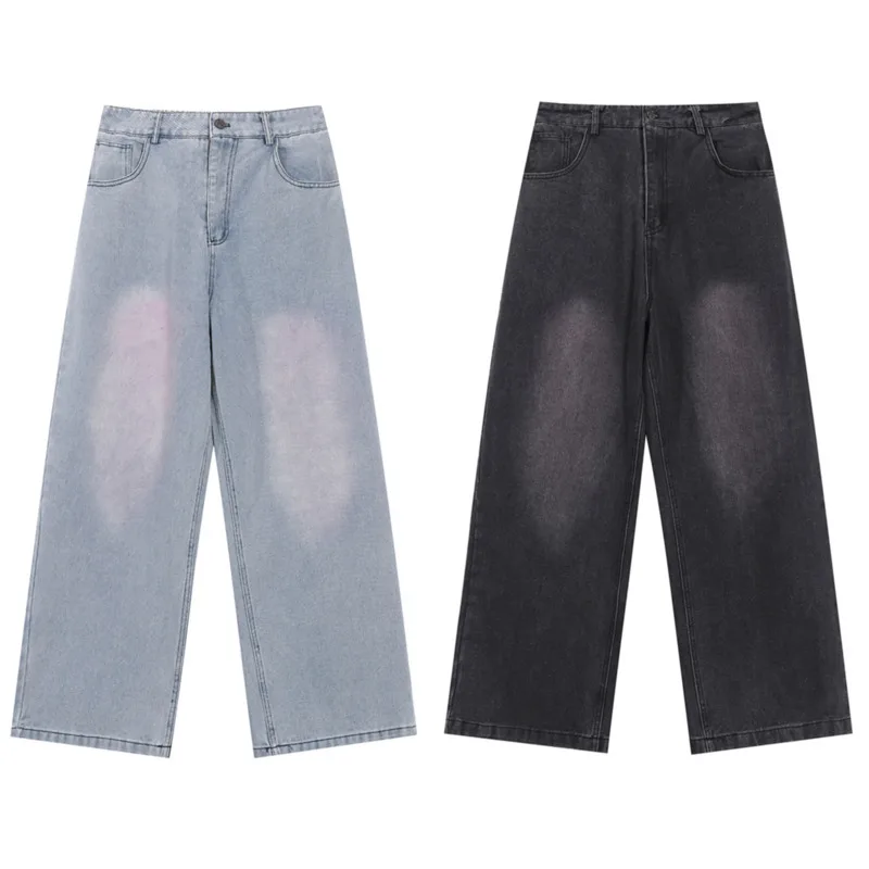 Trendy retro straight leg elastic waisted jeans for men and women in spring and autumn, loose and wide leg floor length pants