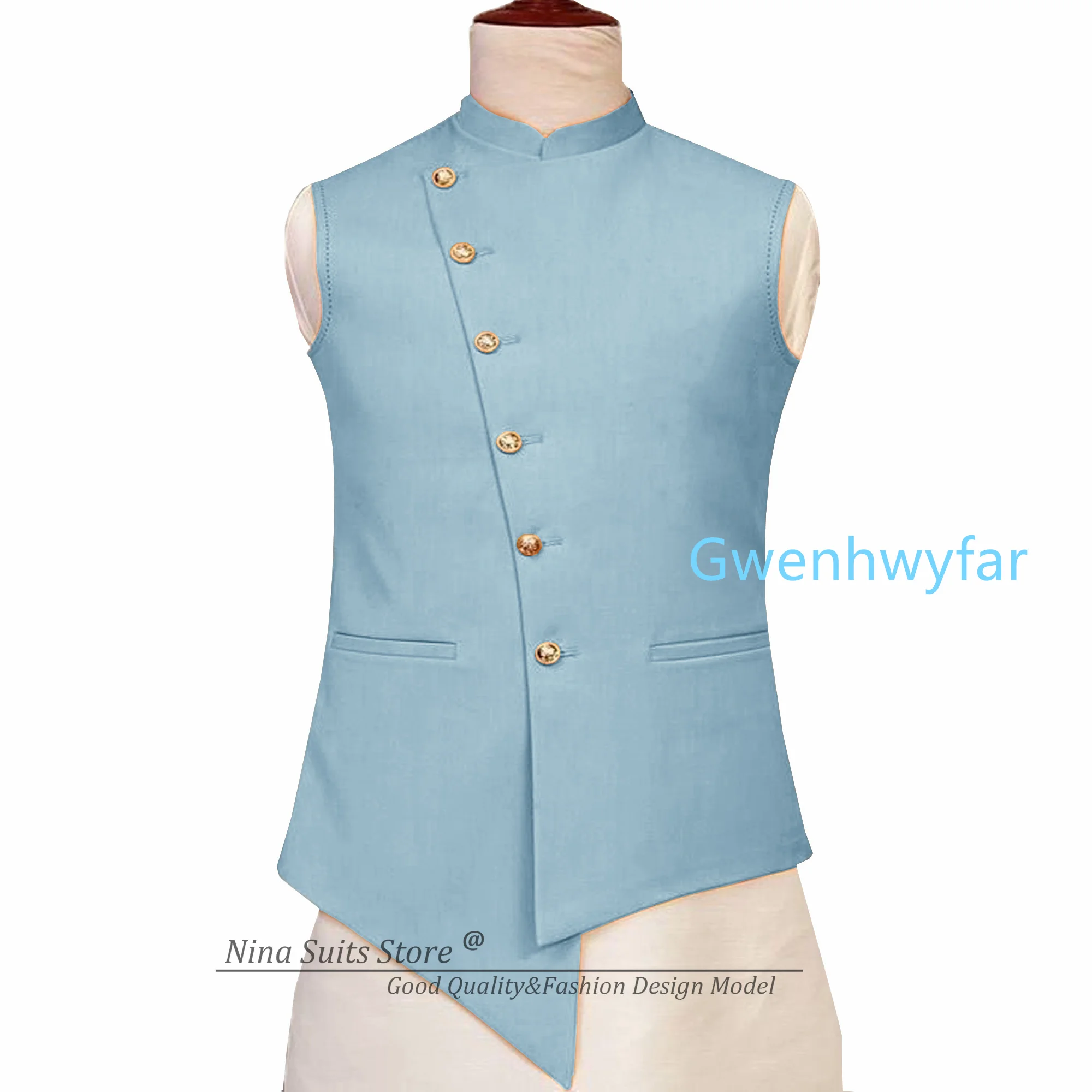 Gwenhwyfar 2027 New Asymmetrical Hem Cut Vest, Sky Blue African Style Standing Collar Vest, Formal Party Jacket Matching Vest