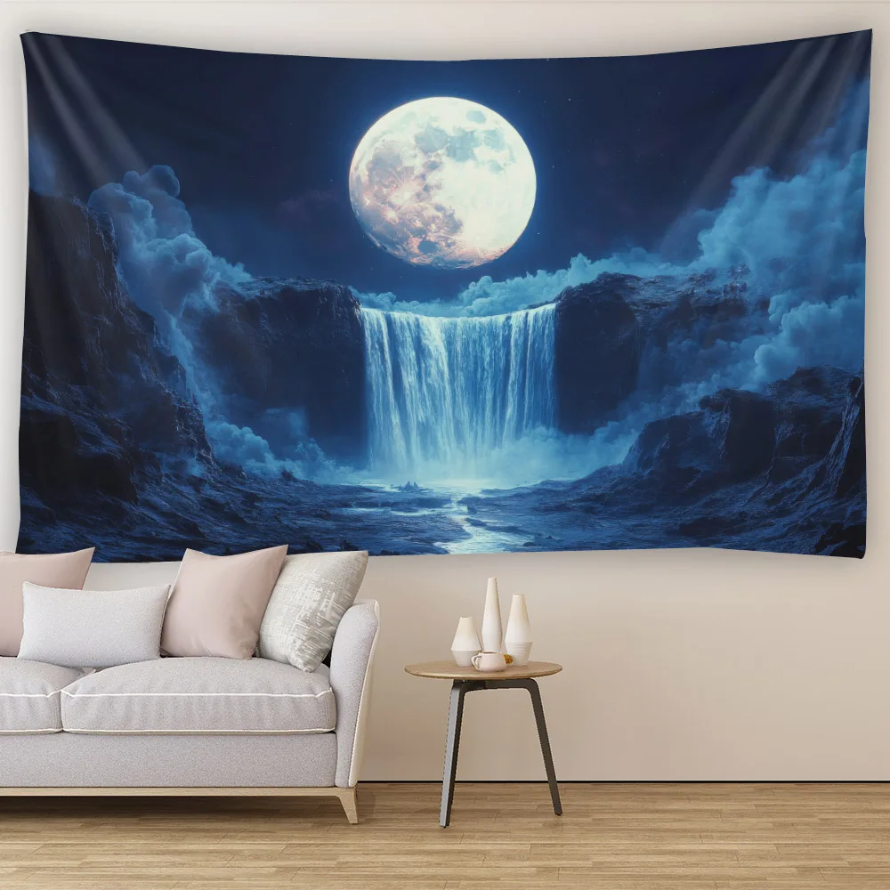 

Waterfall tapestry under the night sky, room decoration, wall hanging cloth, living room, bedroom, party background decoration