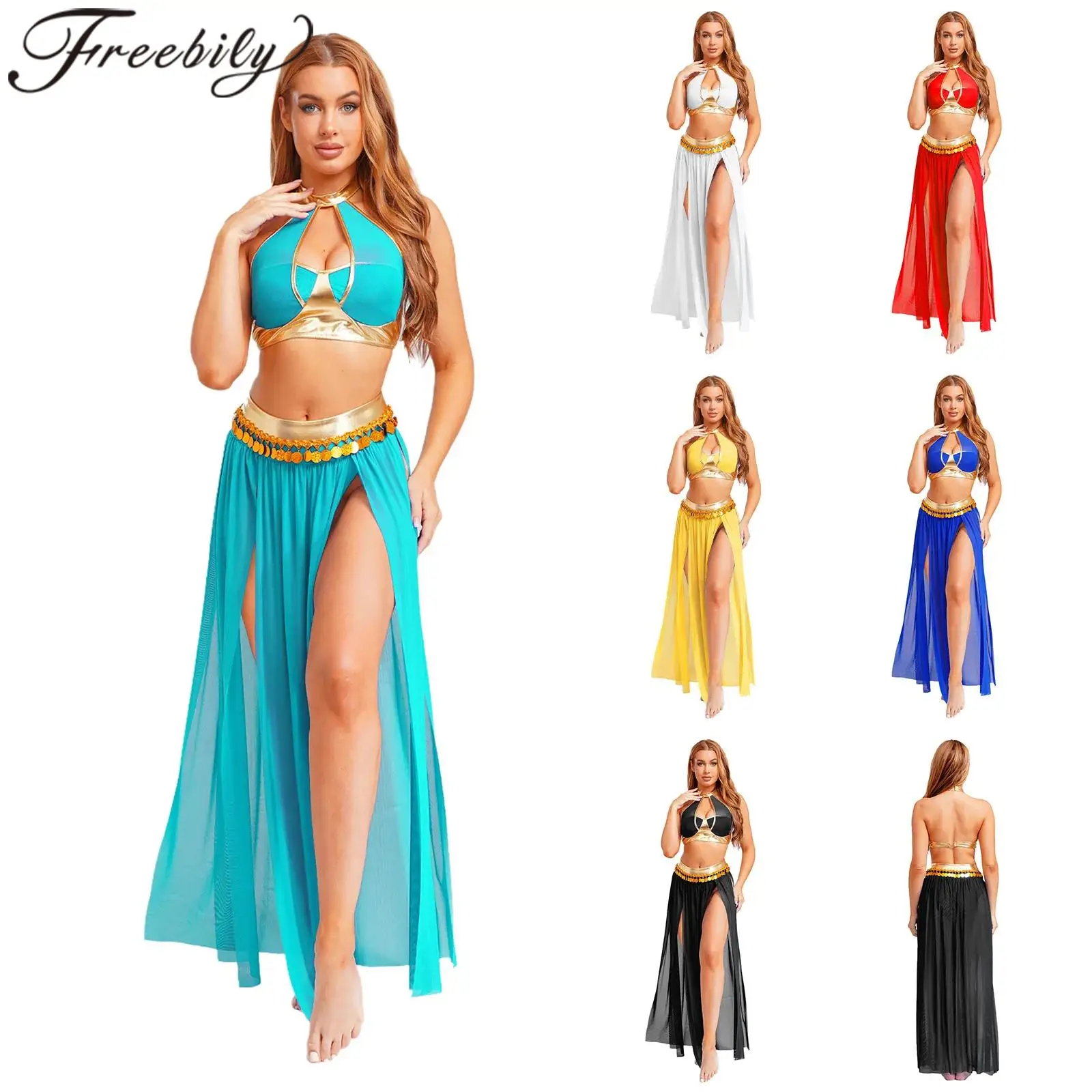 

Womens Belly Dance Costumes Oriental Dancing Indian Dancewar Arabian Princess Outfits Halter Backless Crop Top + Tassel Skirts