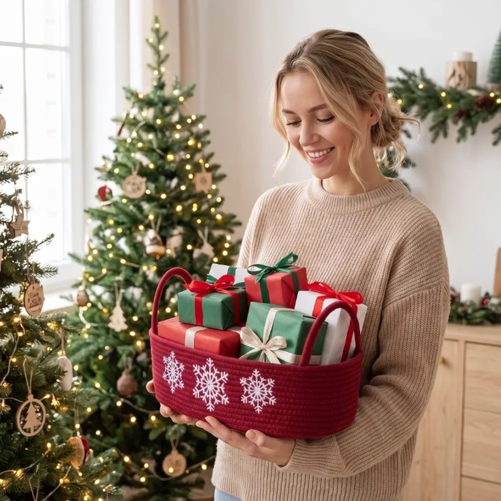 Oval Christmas Snowflake Embroidery Storage Basket Handmade Woven With Handle Snacks Storage Organizer Portable