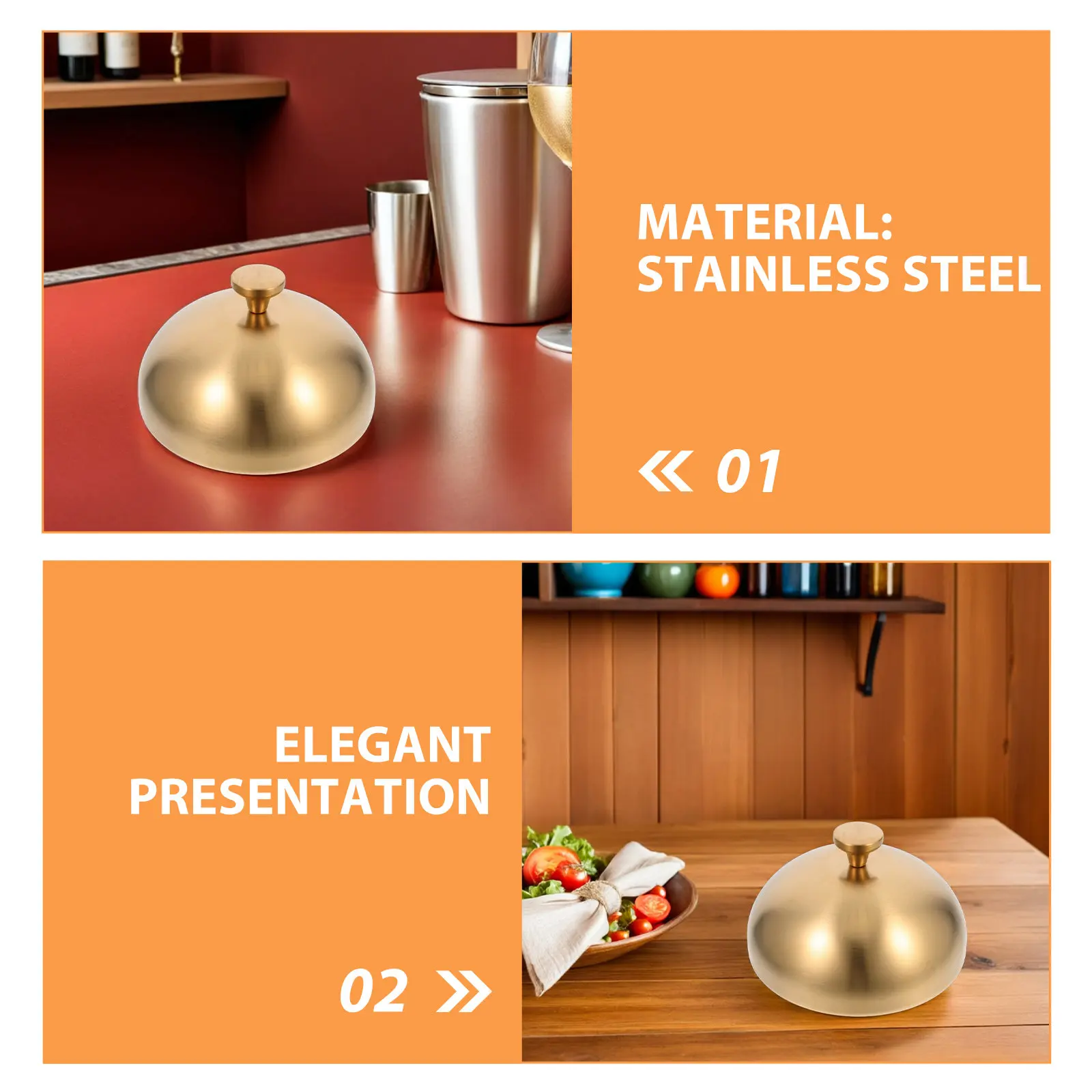 6.68inch 17Cm Gold Stainless Steel Food Cloche Dome Round Flat Top Lid for Butter Melting Cheese Warming Steak Basting Griddle