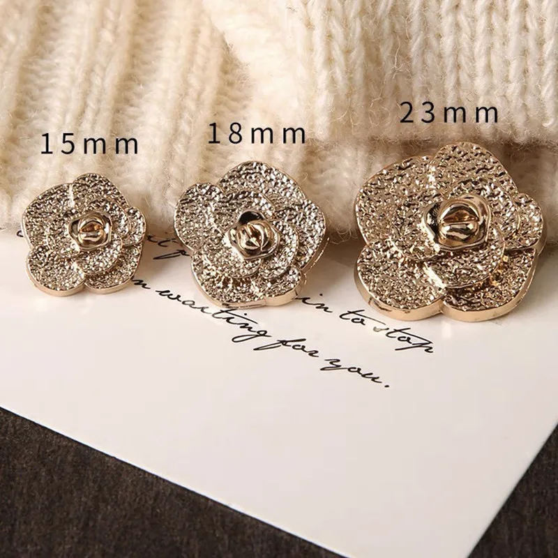 10PCS Camellia Metal Buttons DIY Coat Tweed Knitted Sweater Buckle Flower Decorative Shank 3D Buttons