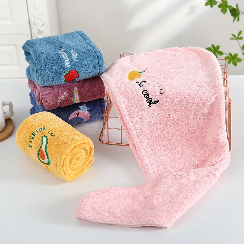 Women's thickened coral fleece shower cap Water-absorbing quick-drying cartoon embroidery Washing hair Dry hair cap Head towel