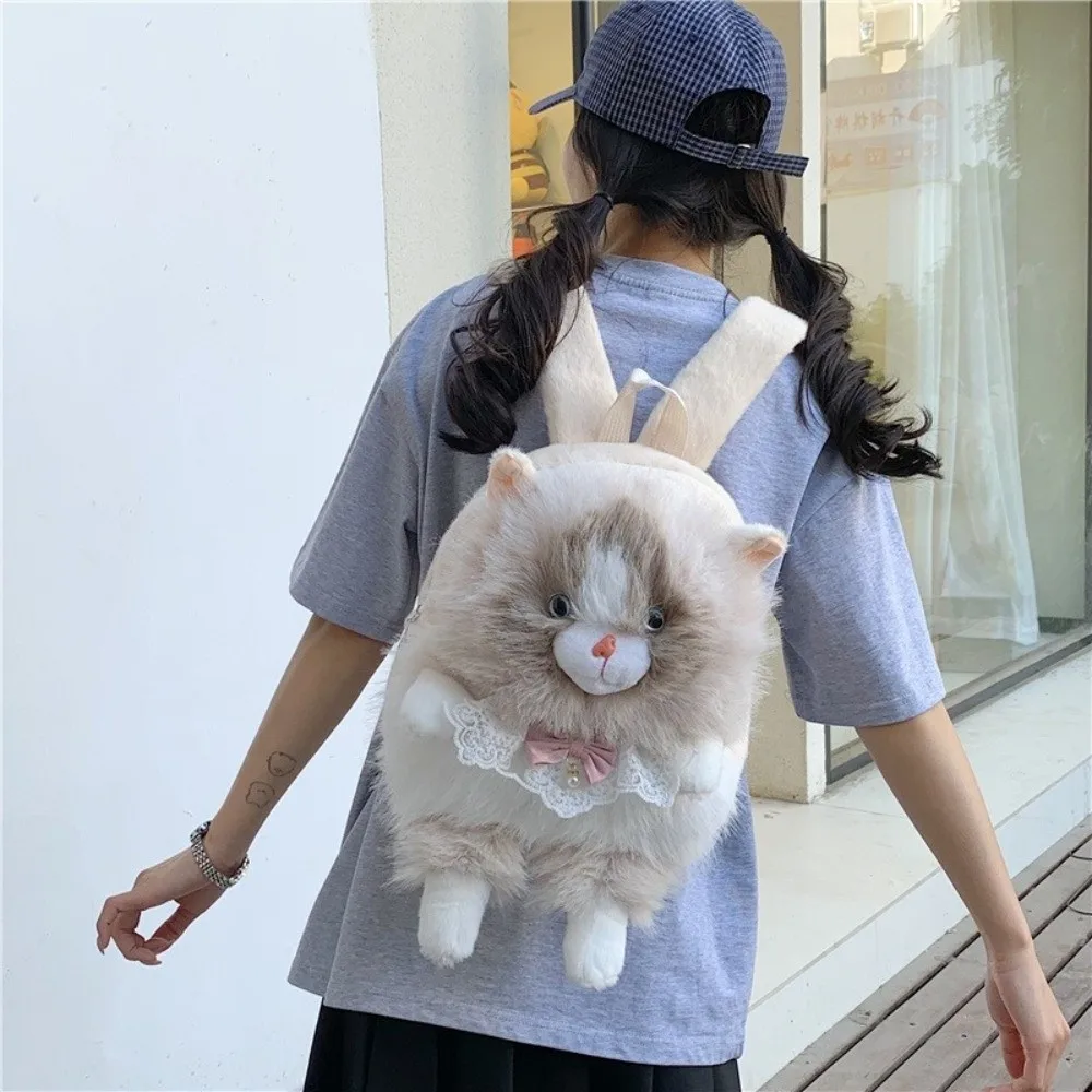 Cute Soft Fluffy Cat Backpack Polyester Lining 3D Rucksack Realistic Novelty Shoulder Bag For Girls