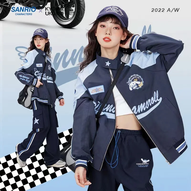 Sanrios Y2k Cinnamoroll Racer Jacket Kawaii Biker Jacket Pants Punching Cartoon Female Loose Warm Windproof Couple Clothes