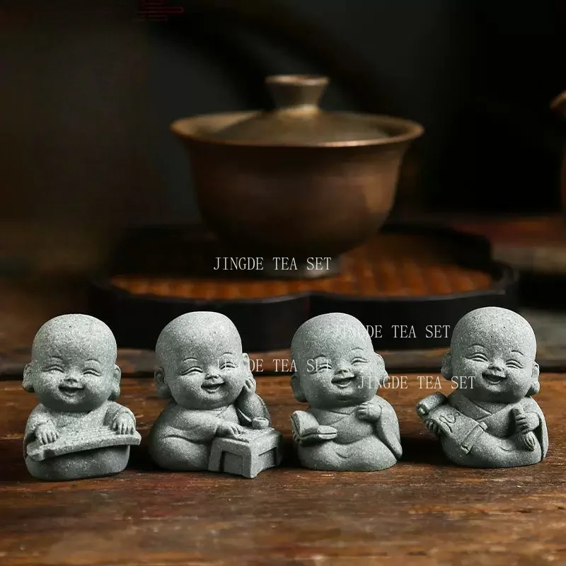 4pcs Cute Little Monk Tea Pet Figurine Zen  Blue Sandstone Ceramic Buddha Statue for Kung Fu Tea Table and Office Desk Decor