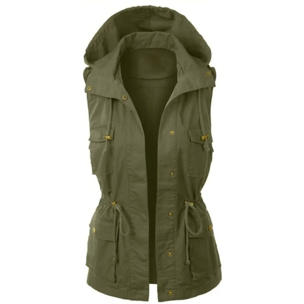 

European and American Women's Work Vest Top Drawstring Hooded Jacket Large Size Sleeveless Lapel Jacket
