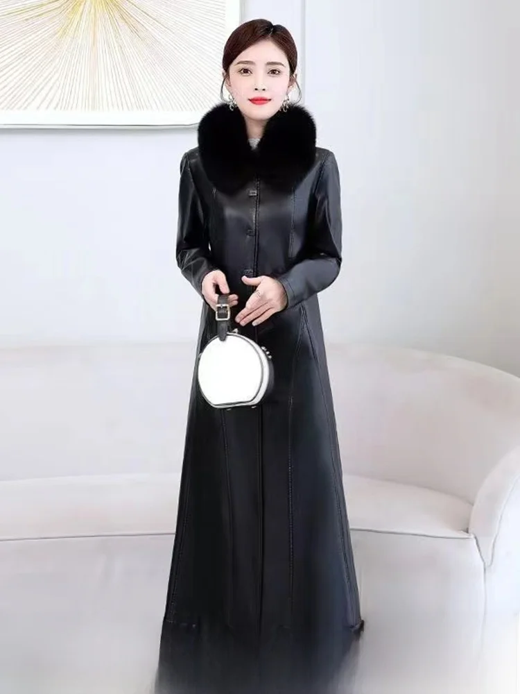 Giacca in Vera Pelle da Donna per Primavera e Autunno, Lunghezza Media, Stile Coreano, Vestibilità Slim, Collo in Pelliccia, Fodera in Cotone