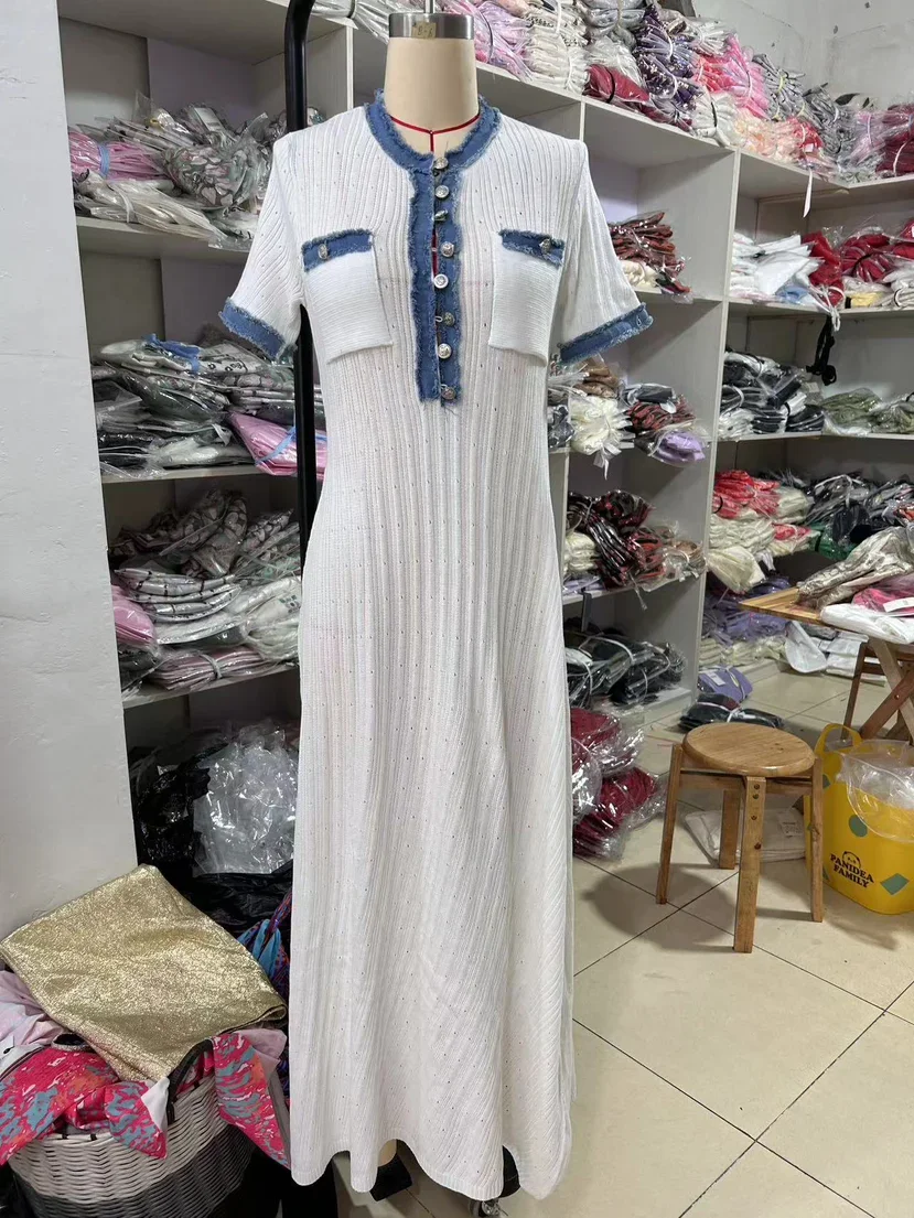 Women's Metal Single Breasted Knitted Maxi Dress V-neck Pleated Wrapped Hip Bodycon Dresses Elegant High Street White Robes