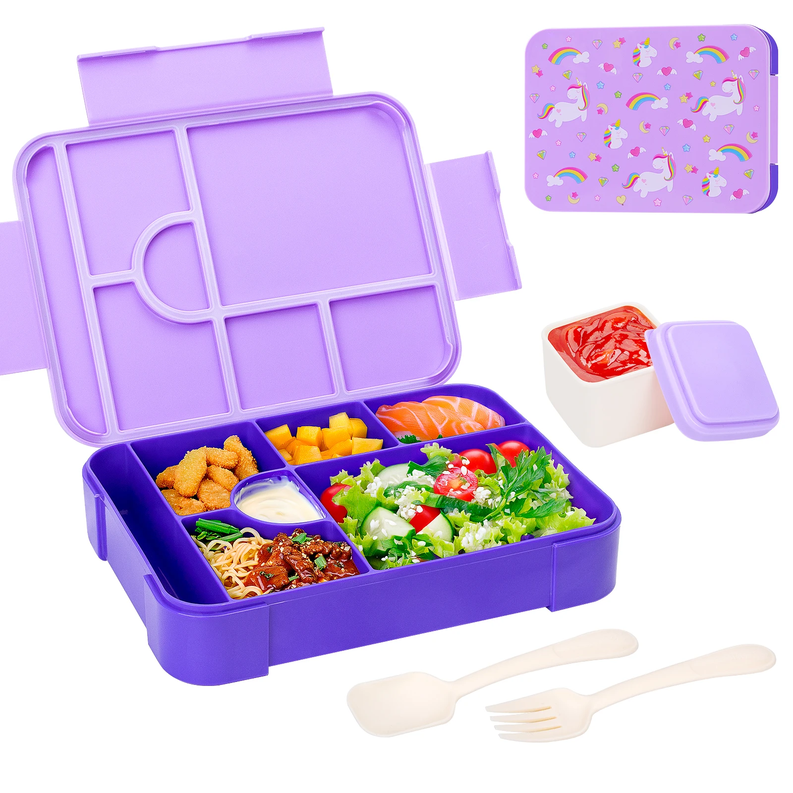Niedliche Kinder-Lunchbox mit Muster, tragbar, unterteilt, mikrowellengeeignet, auslaufsicherer Lebensmittelbehälter für die Schule und die Küche – Detail 7
