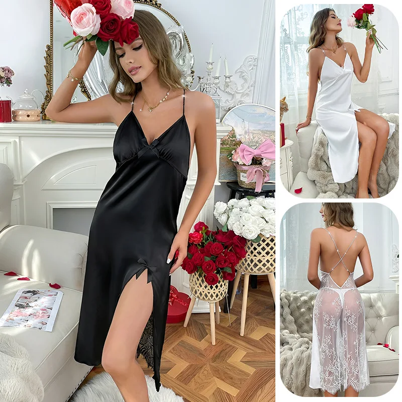 Female Dress Sexy Satin Neck Hanging Nightgown With Slit Perspective Backless Sleepwear Women Pijamas De Mujer Пижама Женская