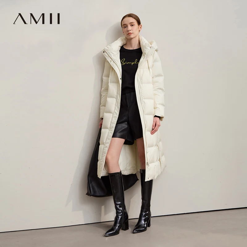 

Amii Down Jacket Women 2025 Winter New Warm Casual Hooded Down Coats For Woman Versatile Long With Belt Female Clothing 12544122