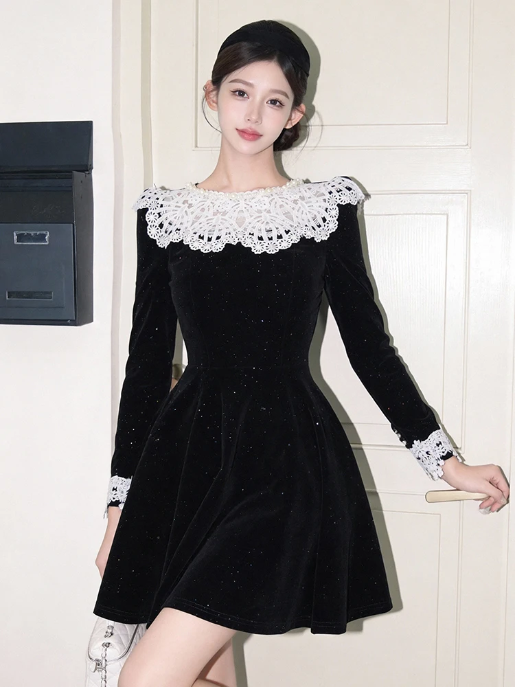 

Women Mini Short Dress Vintage Sweet Shiny Black Lace Pearl O Neck Slim A Line Party Prom Vestido Formal Occasion Daily Wear New