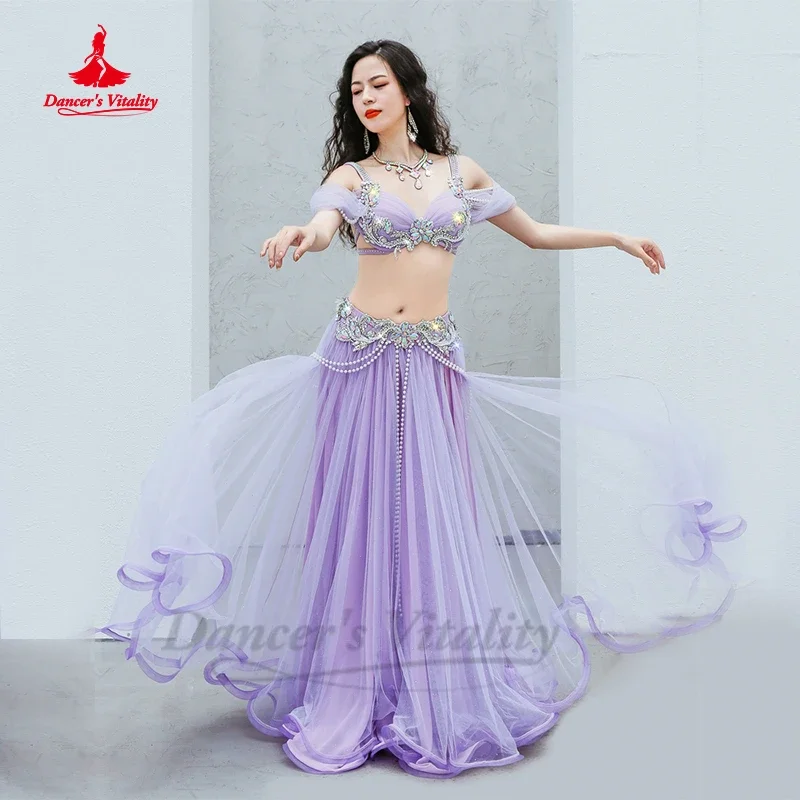 Belly Dance Performance Costume Senior AB Stones Bra Top+yarn Long Skirt 2pcs Customsized for Women Belly Dancing Popsong Suit