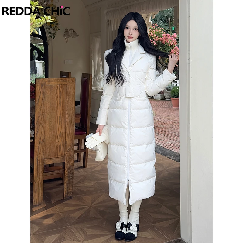REDDACHiC Double Layered Women's Down Jacket Solid Casual Stitich Knit Turtleneck Zip Up Long Quilted Coat Warm Winter Outerwear