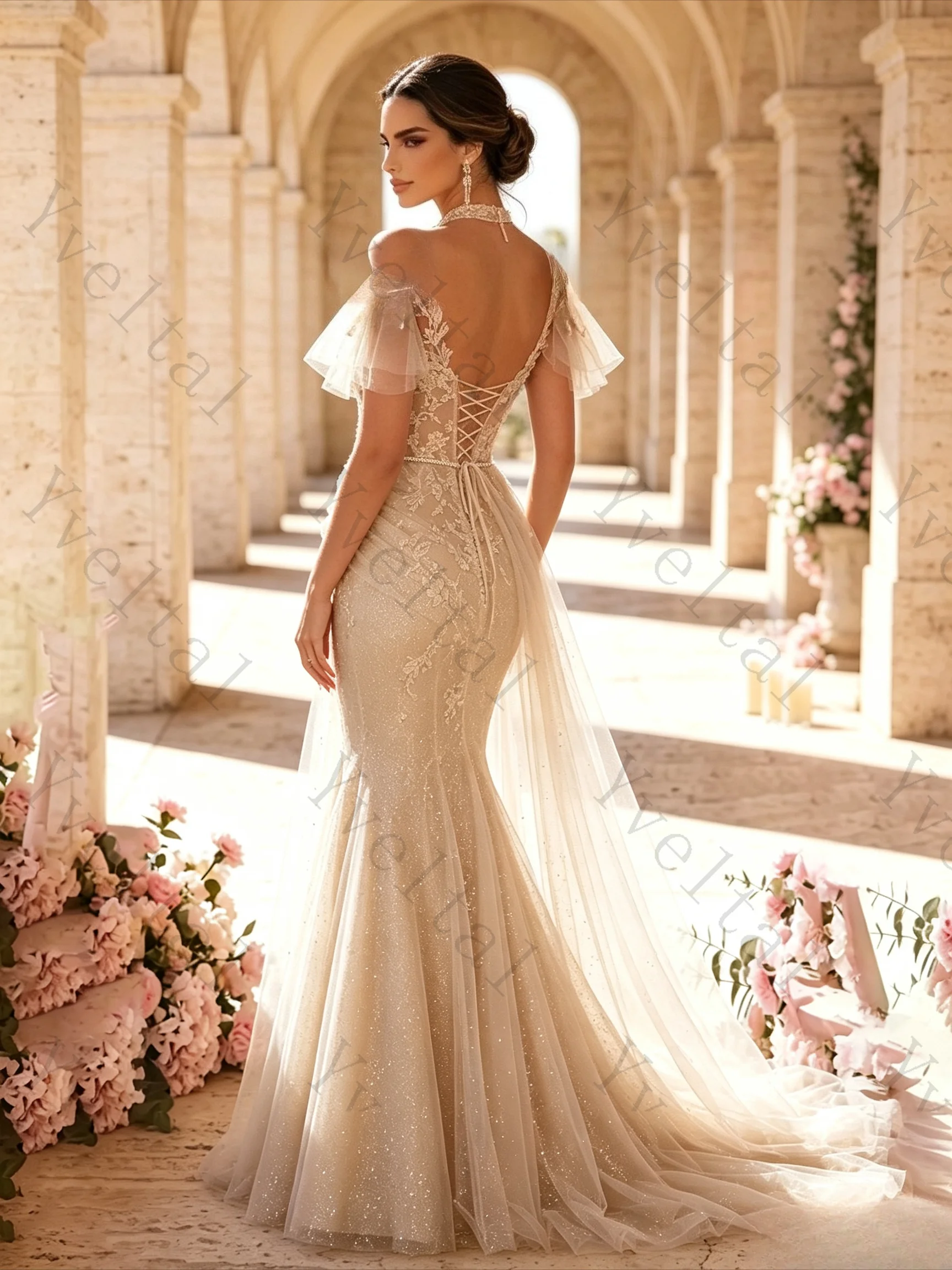 Customized Women's Elegant Mist Gold Butterfly Mermaid Wedding Dress Lace Applique Backless Formal Gown for Party Wedding Guest