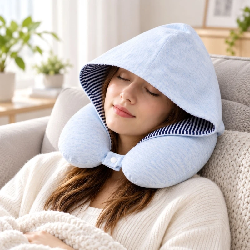 Hooded U-Shape Travel Pillow with Memory Foam Fill, Light-Shielding Hood, Front Closure, Furry Design Neck Cushions 37JD