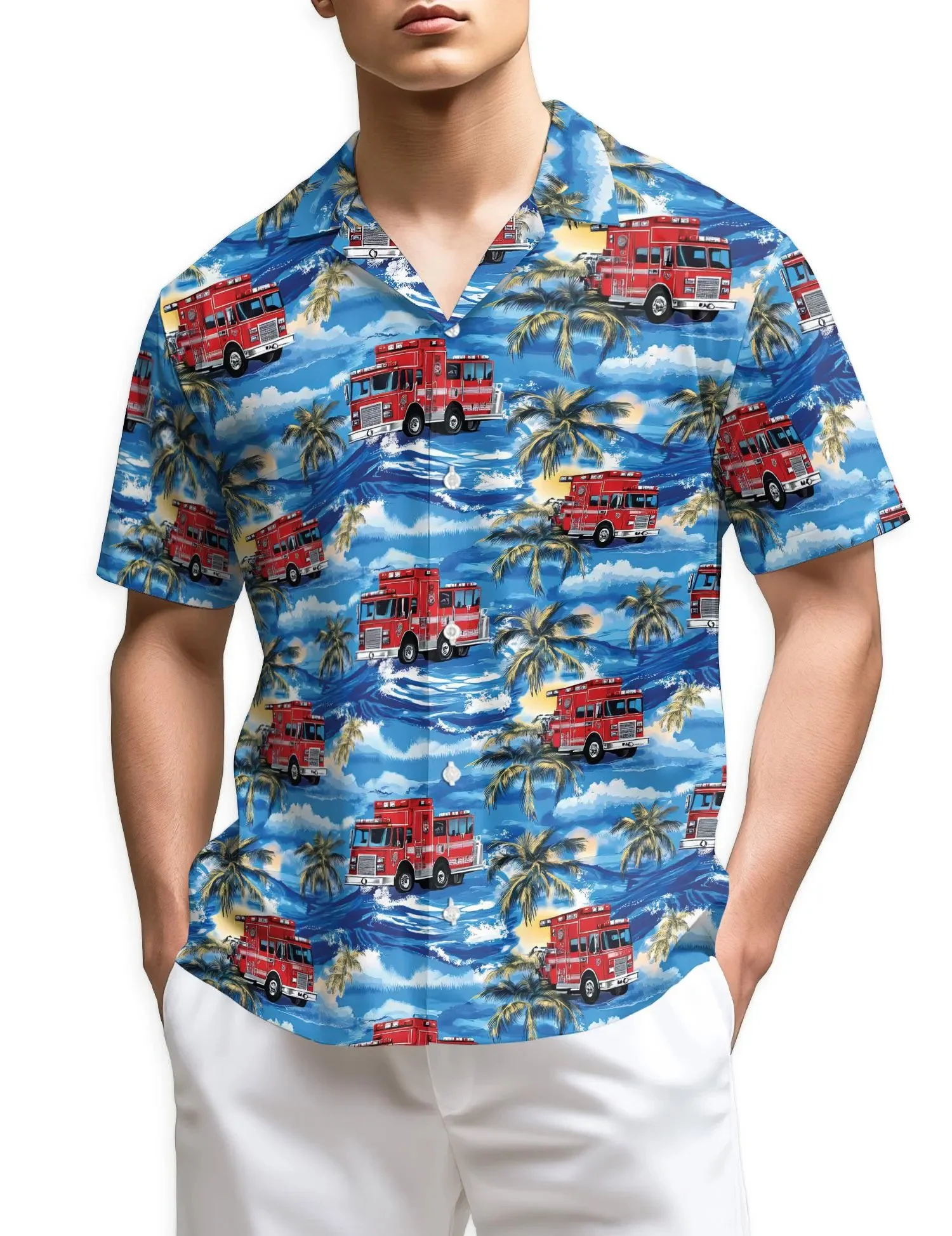 

Hot Retired Firefighter Hawaiian Shirt Sunset Beach Fire Dept Graphic Tee Tropical Vacation Shirts For Proud Firefighting Tops