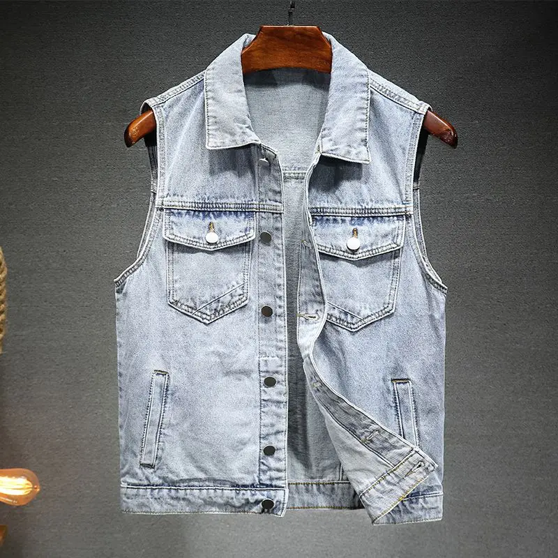 

2023 Men's Classic Slim Casual Denim Vest Light Blue Fashion Simple Handsome Vest
