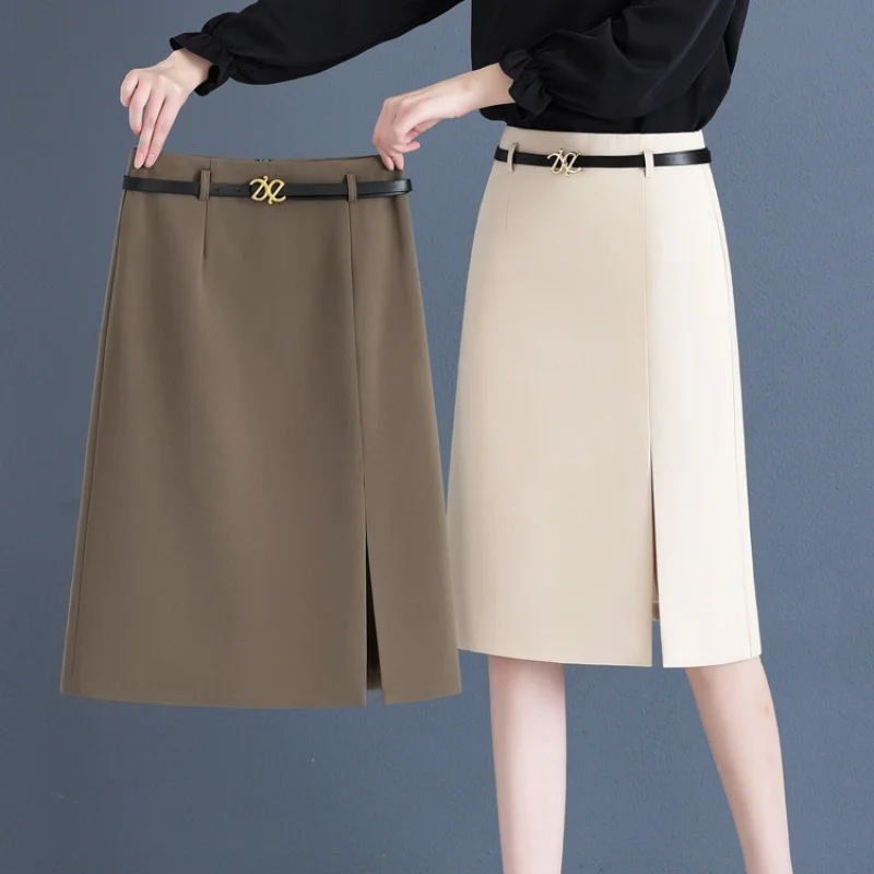 بدلة الربيع والصيف على شكل حرف A تنورة نسائية نصف تنورة عصرية متعددة الاستخدامات أنيقة متوسطة الطول للتخسيس