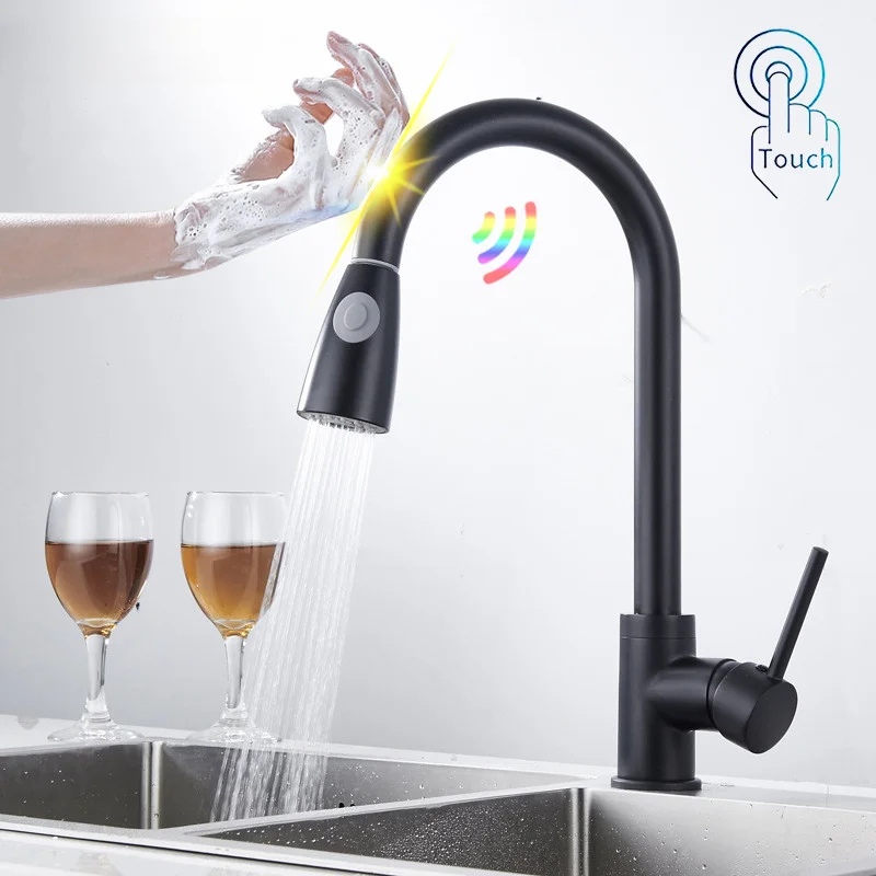 

Touch Kitchen Faucets of Mattel Black Pull Out Kitchen Sink Faucet Smart Touch Kitchen Tap Stainless Steel Sensor Kitchen Faucet