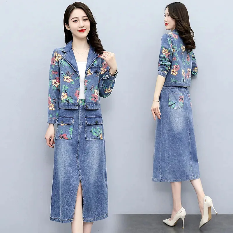 Fashion Denim Long-sleeved Suit Skirt Women's Spring New Korean Version Of the Slim Print Mid-length Skirt Casual Two-piece Tide