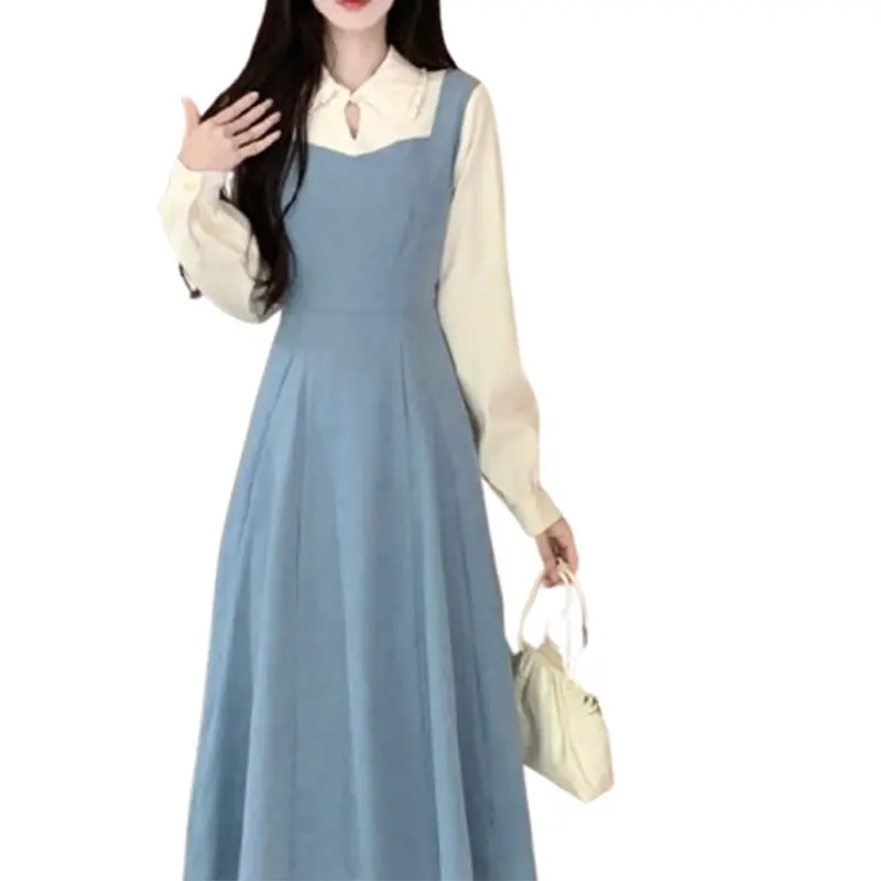 Faux Deux Pièces à Manches sulfet Col Carré pour Femme, Vêtement Décontracté, Jupe Assortie, Patchwork, Couleur Unie, Élégant, à la Mode, Harajuku