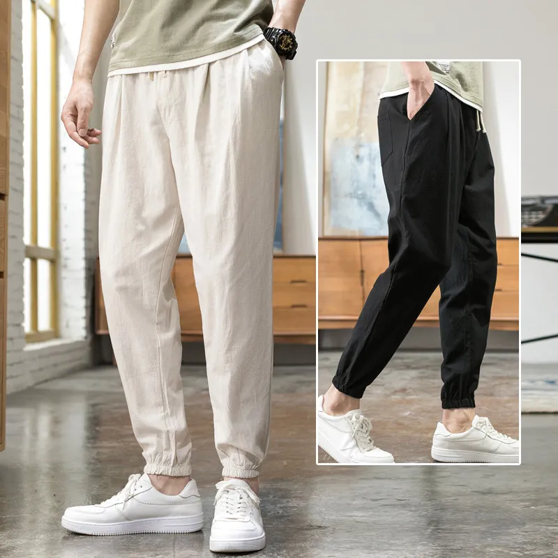 

Мужские повседневные брюки из хлопка и льна свободного кроя, фасон «гарлан», летние, молодежные, яркие, с завышенной талией