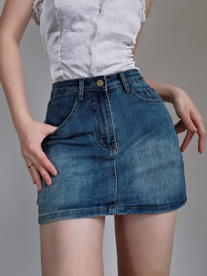 

Style Spring/summer American High Waisted Elastic Slim Retro Denim Skirt Women Spicy Girl Wrapped Hip A-line Short Skirt 87DS