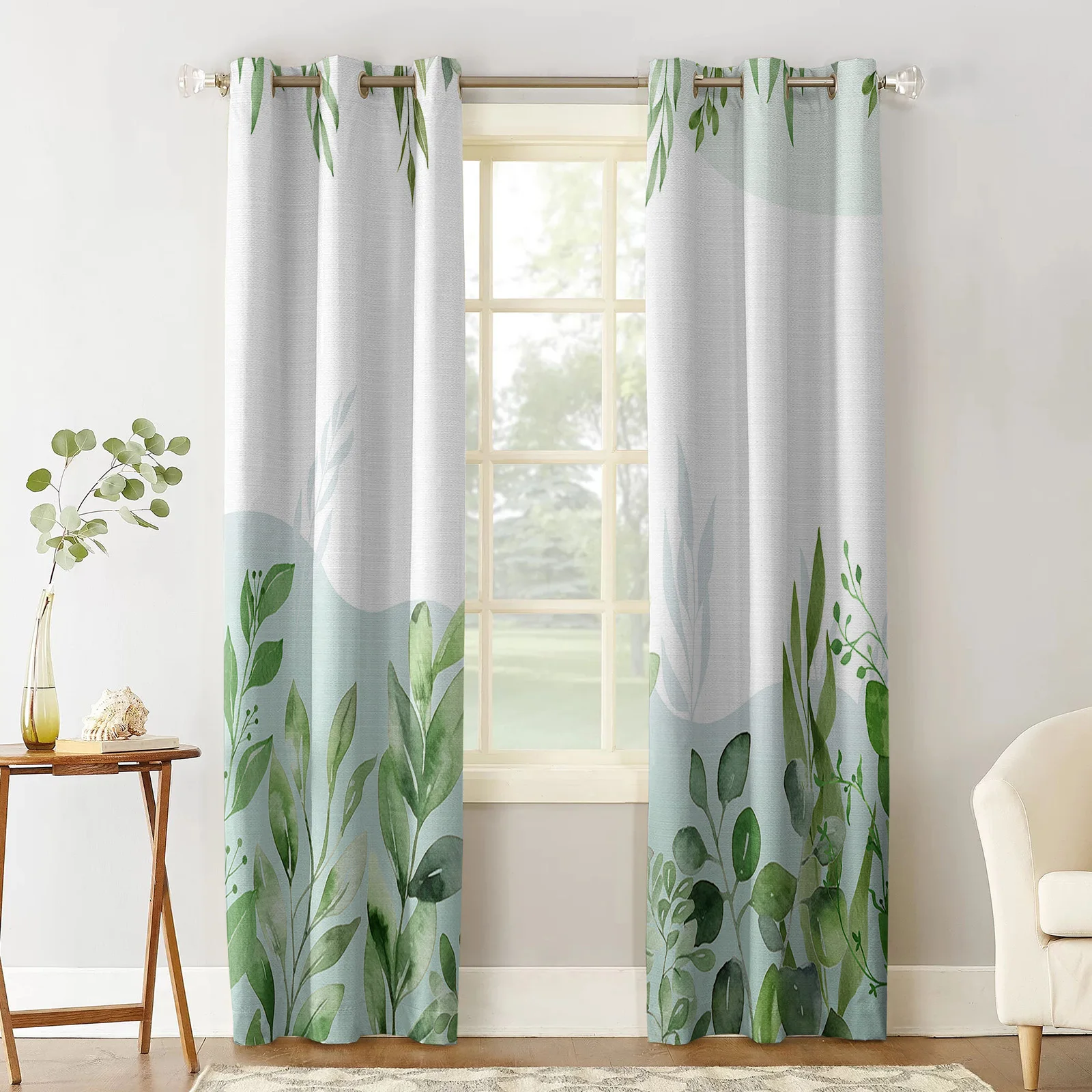 Watercolor Hand-Painted Plant Leaves Green Window Curtain Living Room Kitchen Curtain Panel Blackout Curtains For Bedroom