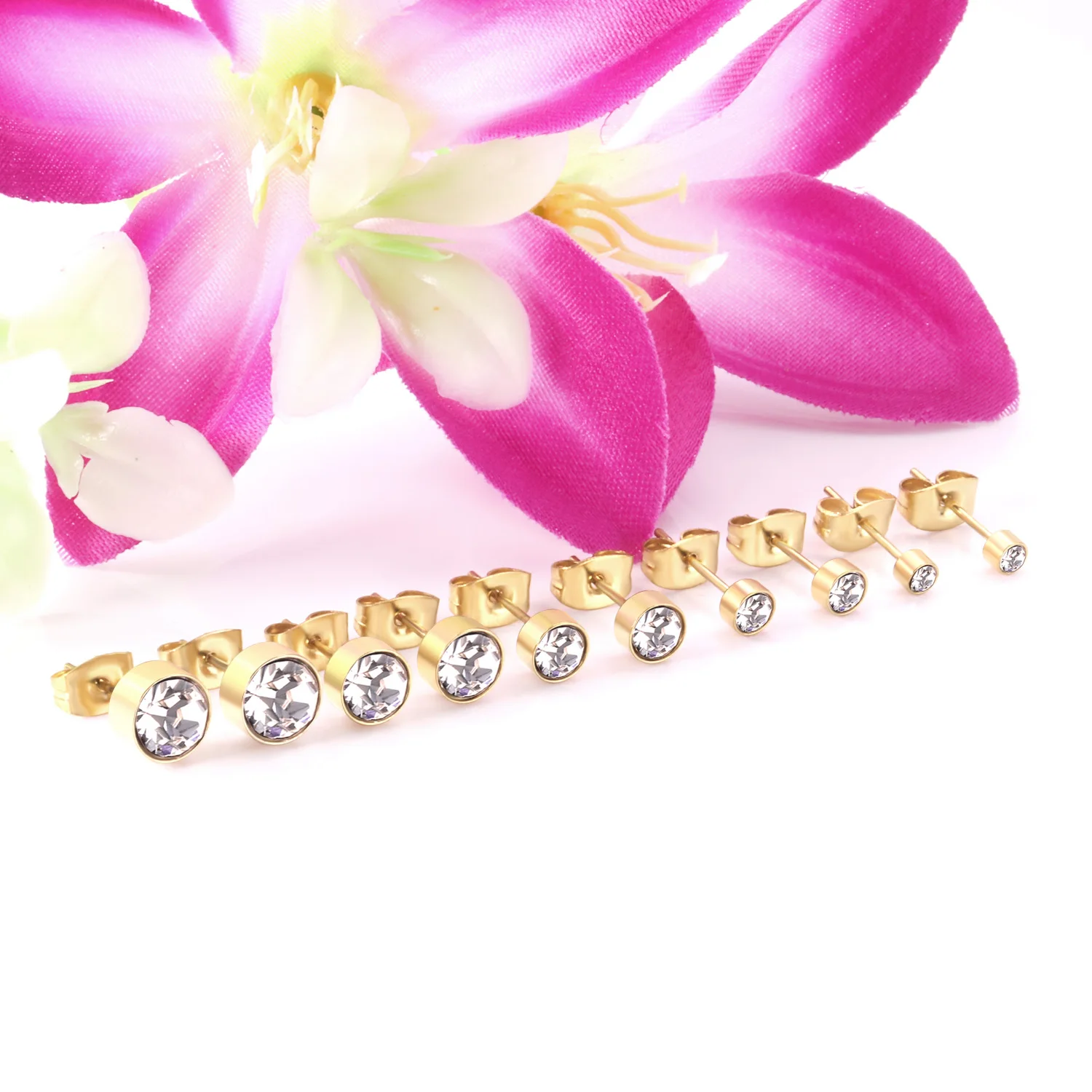 LUXUSTEEL 5Pairs/Lots Round Cubic Zircon Stainless Steel Earrings Sets Black Rose Golden Metal Studs Pendiente for Women Men