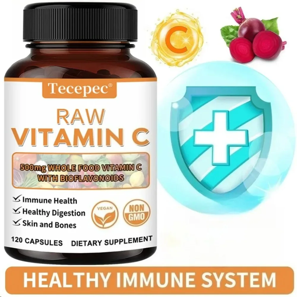 Whole Food Vitamin C Capsules, Bioflavonoids, Probiotics, Immune, Digestion, Skin & Bone Supplement