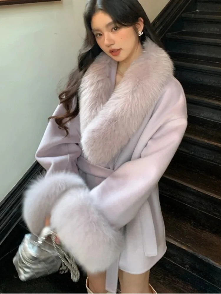 المرأة سميكة الدافئة الكشمير الفراء الطبيعي معطف الصوف ريال فوكس الفراء سترة صوفية 2025 جديد فاخر الخريف الشتاء الملابس الإناث